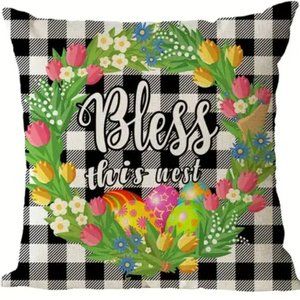 NEW LINEN BLEND BUFFALO CHECK "BLESS THIS NEST" EASTER WREATH PILLOW COVER 18"